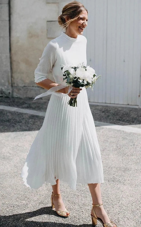 Luolandi Vintage Modest Long Sleeve Wedding Dress with Pleats Simple Tea-length A-Line High Neck